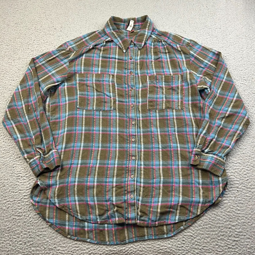 Anthropologie Pilcro Plaid Button Down Tunic Sz L Relaxed Hippie Grunge Cowgirl